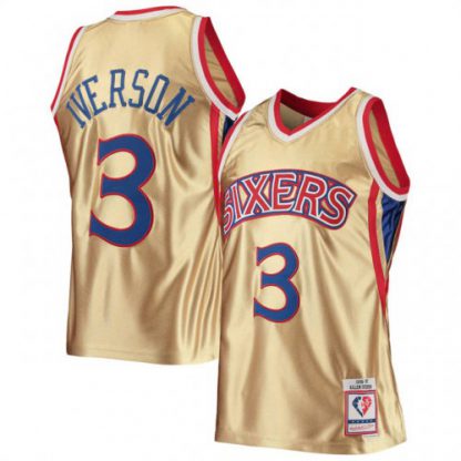 Nike Philadelphia 76ers #3 Allen Iverson Men's Gold Mitchell & Ness 75th Anniversary 1996-97 Hardwood Classics Swingman Jersey