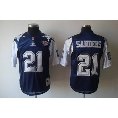 Mitchell & Ness Dallas Cowboys #21 Deion Sanders Blue/White With 75TH Stitched Throwback NFL Jersey