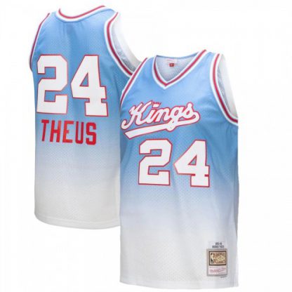 Sacramento Sacramento Kings #24 Reggie Theus Mitchell & Ness Men's White/Light Blue 1985/86 Hardwood Classics Fadeaway Swingman Player Jersey