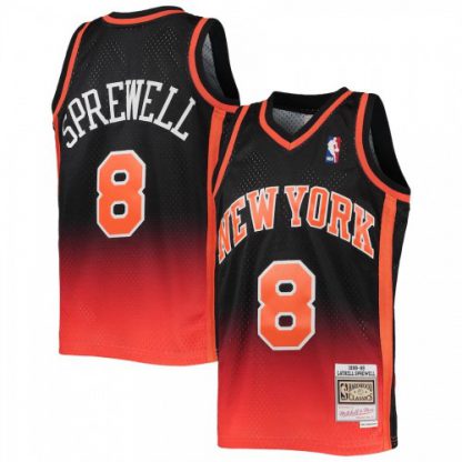 New York New York Knicks #8 Latrell Sprewell Mitchell & Ness Men's Orange/Black 1998/99 Hardwood Classics Fadeaway Swingman Player Jersey