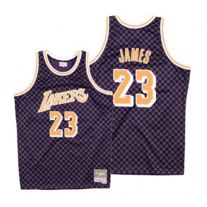 Mitchell & Ness Los Angeles Lakers #23 LeBron James Purple Checkerboard HWC Throwback NBA Jersey