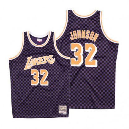 Mitchell & Ness Los Angeles Lakers #32 Orlando Magic Johnson Purple Checkerboard HWC Throwback NBA Jersey