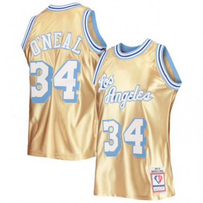Nike Los Angeles Lakers #34 Kareem Abdul-Jabbar Men's Gold Mitchell & Ness 75th Anniversary 1996-97 Hardwood Classics Swingman Jersey