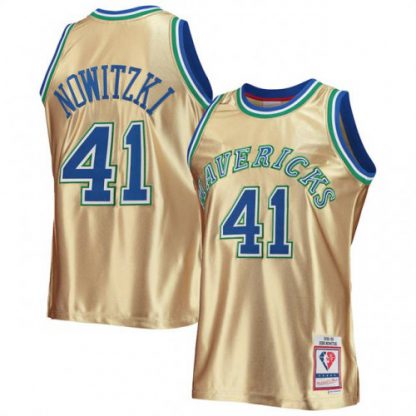 Nike Dallas Mavericks #41 Dirk Nowitzki Men's Gold Mitchell & Ness 75th Anniversary 1998-99 Hardwood Classics Swingman Jersey
