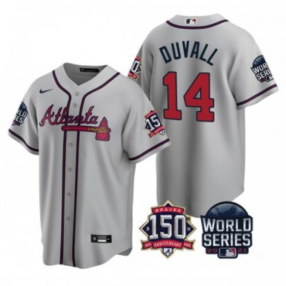 Atlanta Atlanta Braves #14 Adam Duvall Men's Nike 150th Anniversary 2021 World Series Game MLB Jersey - Grey