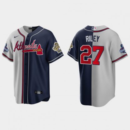 Atlanta Atlanta Braves #27 Austin Riley Men's Nike 2021 World Series Champions 1995 Throwback Split Gray Navy MLB Stitched Jersey