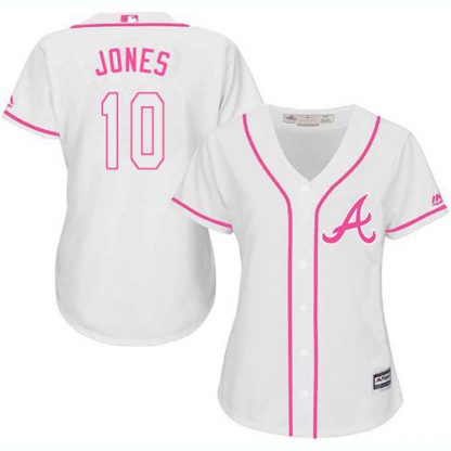 Atlanta Braves #10 Chipper Jones White/Pink Fashion Women's Stitched MLB Jersey