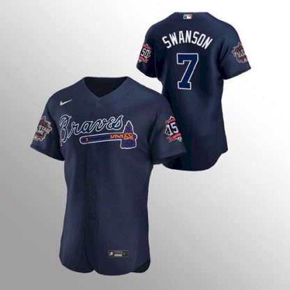Atlanta Atlanta Braves #7 Dansby Swanson Men's Nike 150th Anniversary 2021 World Series Authentic MLB Jersey - Navy
