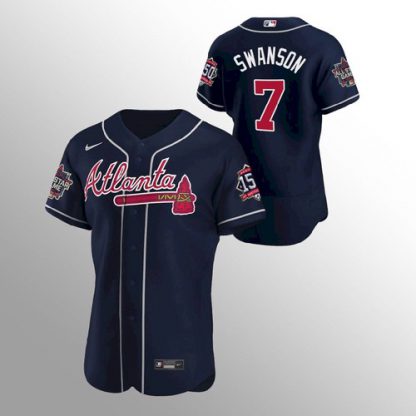 Atlanta Atlanta Braves #7 Dansby Swanson Men's Nike 150th Anniversary 2021 World Series Authentic MLB Jersey - Navy