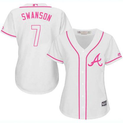 Atlanta Braves #7 Dansby Swanson White/Pink Fashion Women's Stitched MLB Jersey