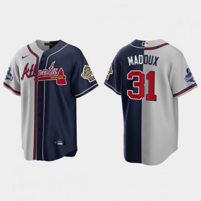 Atlanta Atlanta Braves #31 Greg Maddux Men's Nike 2021 World Series Champions 1995 Throwback Split Gray Navy MLB Stitched Jersey