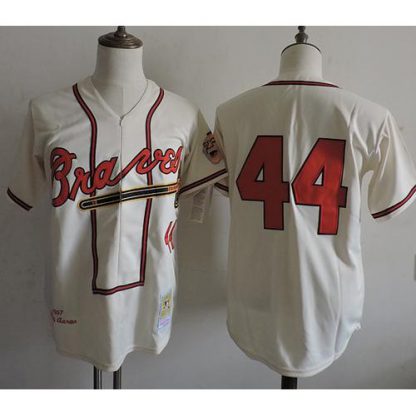 Mitchell And Ness 1957 Atlanta Braves #44 Hank Aaron Cream Throwback Stitched MLB Jersey