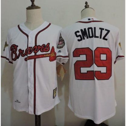 Mitchell And Ness 1995 Atlanta Braves #29 John Smoltz White Throwback Stitched MLB Jersey
