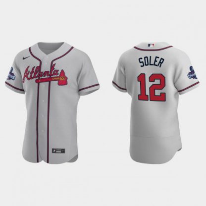 Atlanta Atlanta Braves #12 Jorge Soler Men's Nike 2021 World Series Champions Patch MLB Authentic Player Jersey - Gray
