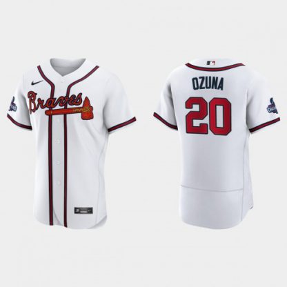 Atlanta Atlanta Braves #20 Marcell Ozuna Men's Nike 2021 World Series Champions Patch MLB Authentic Player Jersey - White
