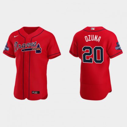 Atlanta Atlanta Braves #20 Marcell Ozuna Men's Nike 2021 World Series Champions Patch MLB Authentic Player Jersey - Red
