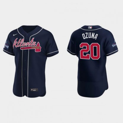Atlanta Atlanta Braves #20 Marcell Ozuna Men's Nike 2021 World Series Champions Patch MLB Authentic Player Jersey - Navy