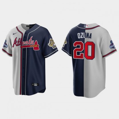 Atlanta Atlanta Braves #20 Marcell Ozuna Men's Nike 2021 World Series Champions 1995 Throwback Split Gray Navy MLB Stitched Jersey