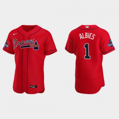 Atlanta Atlanta Braves #1 Ozzie Albies Men's Nike 2021 World Series Champions Patch MLB Authentic Player Jersey - Red