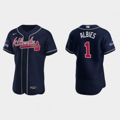 Atlanta Atlanta Braves #1 Ozzie Albies Men's Nike 2021 World Series Champions Patch MLB Authentic Player Jersey - Navy