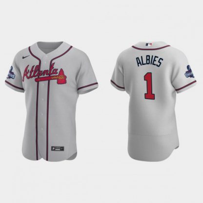 Atlanta Atlanta Braves #1 Ozzie Albies Men's Nike 2021 World Series Champions Patch MLB Authentic Player Jersey - Gray