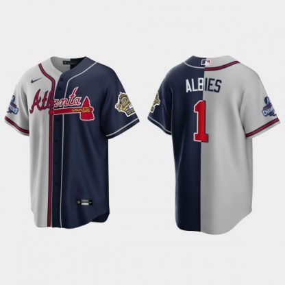 Atlanta Atlanta Braves #1 Ozzie Albies Men's Nike 2021 World Series Champions 1995 Throwback Split Gray Navy MLB Stitched Jersey