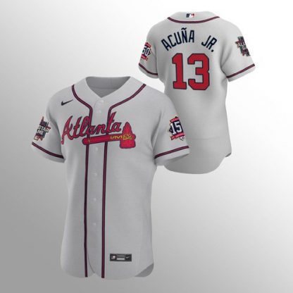 Atlanta Atlanta Braves #13 Ronald Acuna Jr. Men's Nike 150th Anniversary 2021 World Series Authentic MLB Jersey - Grey