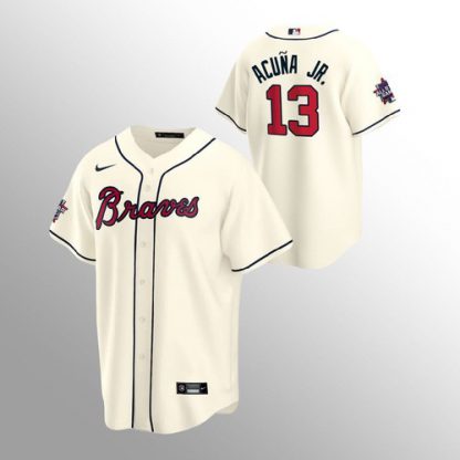 Atlanta Atlanta Braves #13 Ronald Acuna Jr. Men's Nike 150th Anniversary 2021 World Series Game MLB Jersey - Cream