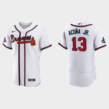 Atlanta Atlanta Braves #13 Ronald Acuna Jr. Men's Nike 2021 World Series Champions Patch MLB Authentic Player Jersey - White