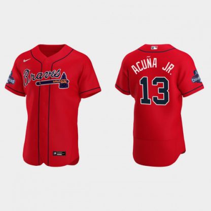Atlanta Atlanta Braves #13 Ronald Acuna Jr. Men's Nike 2021 World Series Champions Patch MLB Authentic Player Jersey - Red