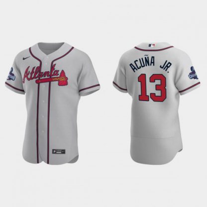 Atlanta Atlanta Braves #13 Ronald Acuna Jr. Men's Nike 2021 World Series Champions Patch MLB Authentic Player Jersey - Gray