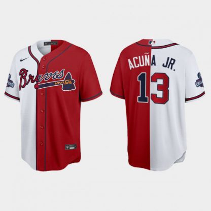 Atlanta Atlanta Braves #13 Ronald Acuna Jr. Men's Nike 2021 World Series Champions Split Red White MLB Stitched Jersey
