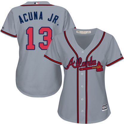 Atlanta Braves #13 Ronald Acuna Jr. Grey Road Women's Stitched MLB Jersey