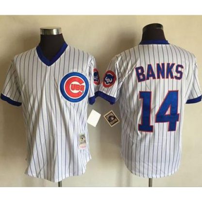 Mitchell And Ness Chicago Cubs #14 Ernie Banks White(Blue Strip) Throwback Stitched MLB Jersey