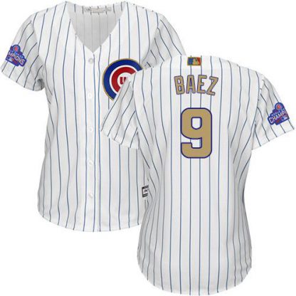 Chicago Cubs #9 Javier Baez White(Blue Strip) 2017 Gold Program Cool Base Women's Stitched MLB Jersey