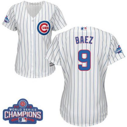 Chicago Cubs #9 Javier Baez White(Blue Strip) Home 2016 World Series Champions Women's Stitched MLB Jersey
