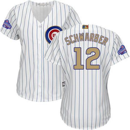 Chicago Cubs #12 Kyle Schwarber White(Blue Strip) 2017 Gold Program Cool Base Women's Stitched MLB Jersey