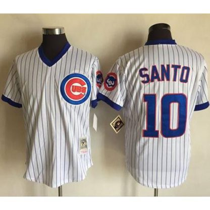 Mitchell And Ness Chicago Cubs #10 Ron Santo White(Blue Strip) Throwback Stitched MLB Jersey