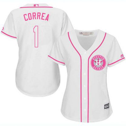 Houston Astros #1 Carlos Correa White/Pink Fashion Women's Stitched MLB Jersey