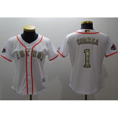 Houston Astros #1 Carlos Correa White 2017 World Series Champions Gold Program Cool Base Women's Stitched MLB Jersey