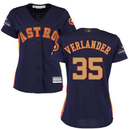 Houston Astros #35 Justin Verlander Navy Blue 2018 Gold Program Cool Base Women's Stitched MLB Jersey
