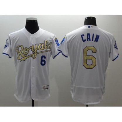 Kansas City Royals #6 Lorenzo Cain White 2015 World Series Champions Gold Program FlexBase Authentic Stitched MLB Jersey