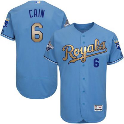 Kansas City Royals #6 Lorenzo Cain Light Blue FlexBase Authentic 2015 World Series Champions Gold Program Stitched MLB Jersey