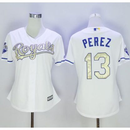 Kansas City Royals #13 Salvador Perez White 2015 World Series Champions Gold Program Cool Base Women's Stitched MLB Jersey