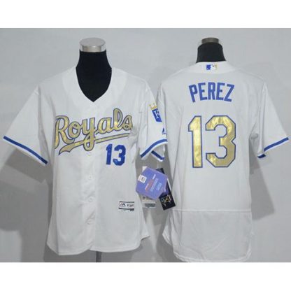 Kansas City Royals #13 Salvador Perez White Flexbase Authentic 2015 World Series Champions Gold Program Cool Base Women's Stitched MLB Jersey