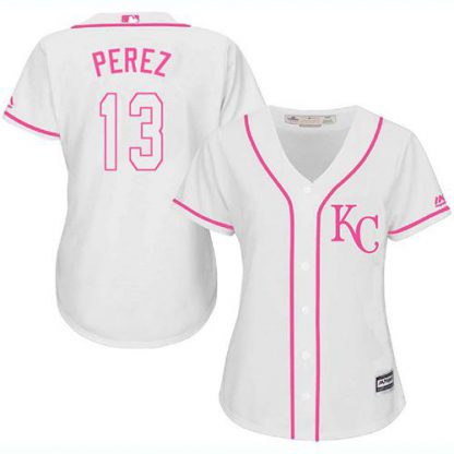 Kansas City Royals #13 Salvador Perez White/Pink Fashion Women's Stitched MLB Jersey