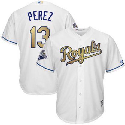 Kansas City Royals #13 Salvador Perez White 2015 World Series Champions Gold Program Cool Base Stitched Youth MLB Jersey