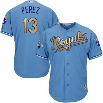 Kansas City Royals #13 Salvador Perez Light Blue 2015 World Series Champions Gold Program Cool Base Stitched Youth MLB Jersey