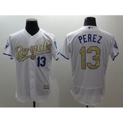 Kansas City Royals #13 Salvador Perez White 2015 World Series Champions Gold Program FlexBase Authentic Stitched MLB Jersey