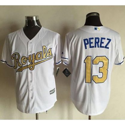 Kansas City Royals #13 Salvador Perez White New Cool Base 2015 World Series Champions Gold Program Stitched MLB Jersey